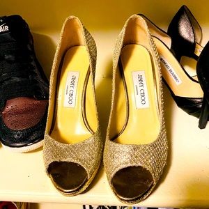 Jimmy Choo Crown Peep Toe Glitter Platform Pumps